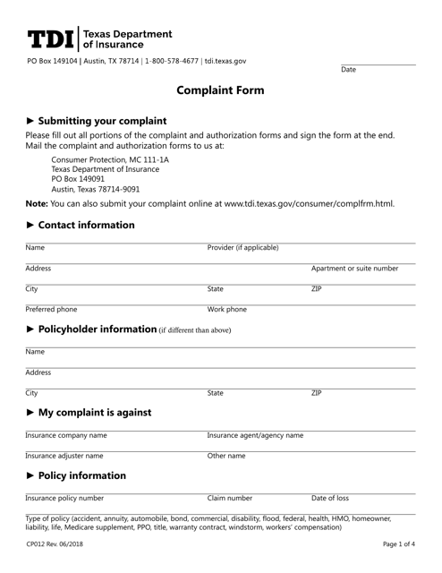 Form CP012 Complaint Form - Texas