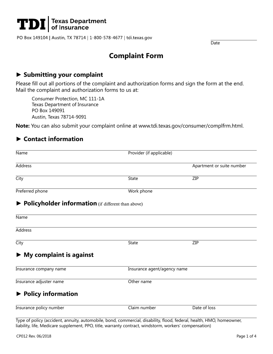 Form CP012 Complaint Form - Texas, Page 1