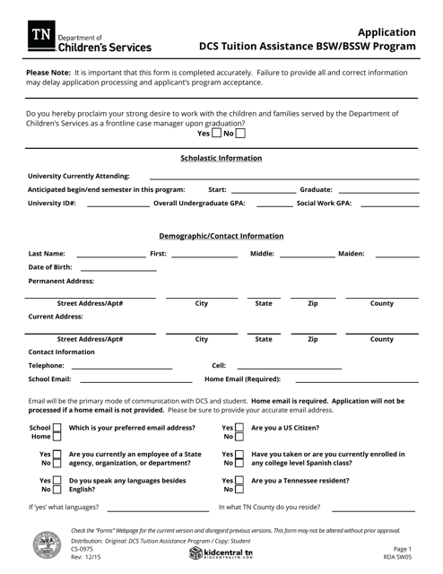 Form CS-0975 Application - Dcs Tuition Assistance Bsw/Bssw Program - Tennessee