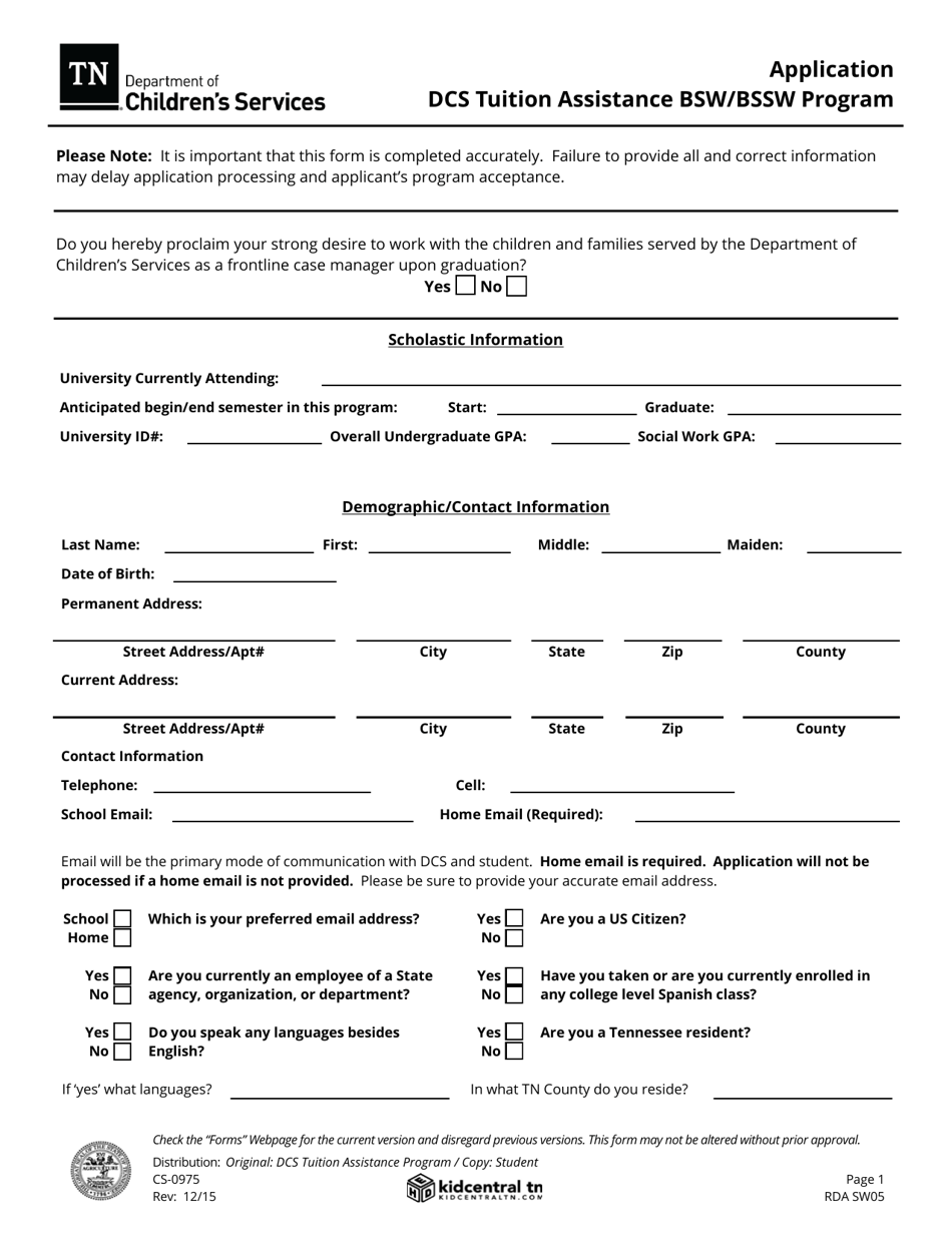 Form CS-0975 Application - Dcs Tuition Assistance Bsw / Bssw Program - Tennessee, Page 1