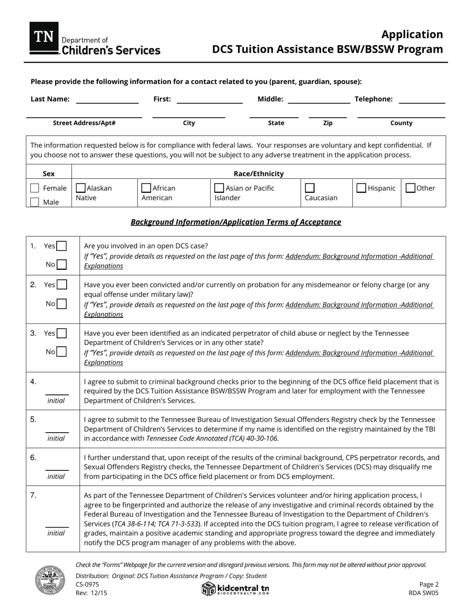 Form CS-0975 Application - Dcs Tuition Assistance Bsw / Bssw Program - Tennessee, Page 2