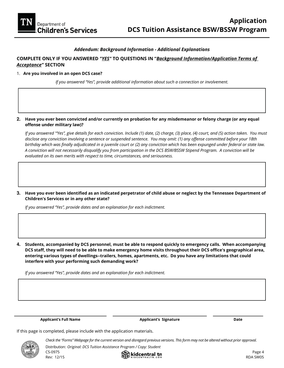 Form CS-0975 Application - Dcs Tuition Assistance Bsw / Bssw Program - Tennessee, Page 4