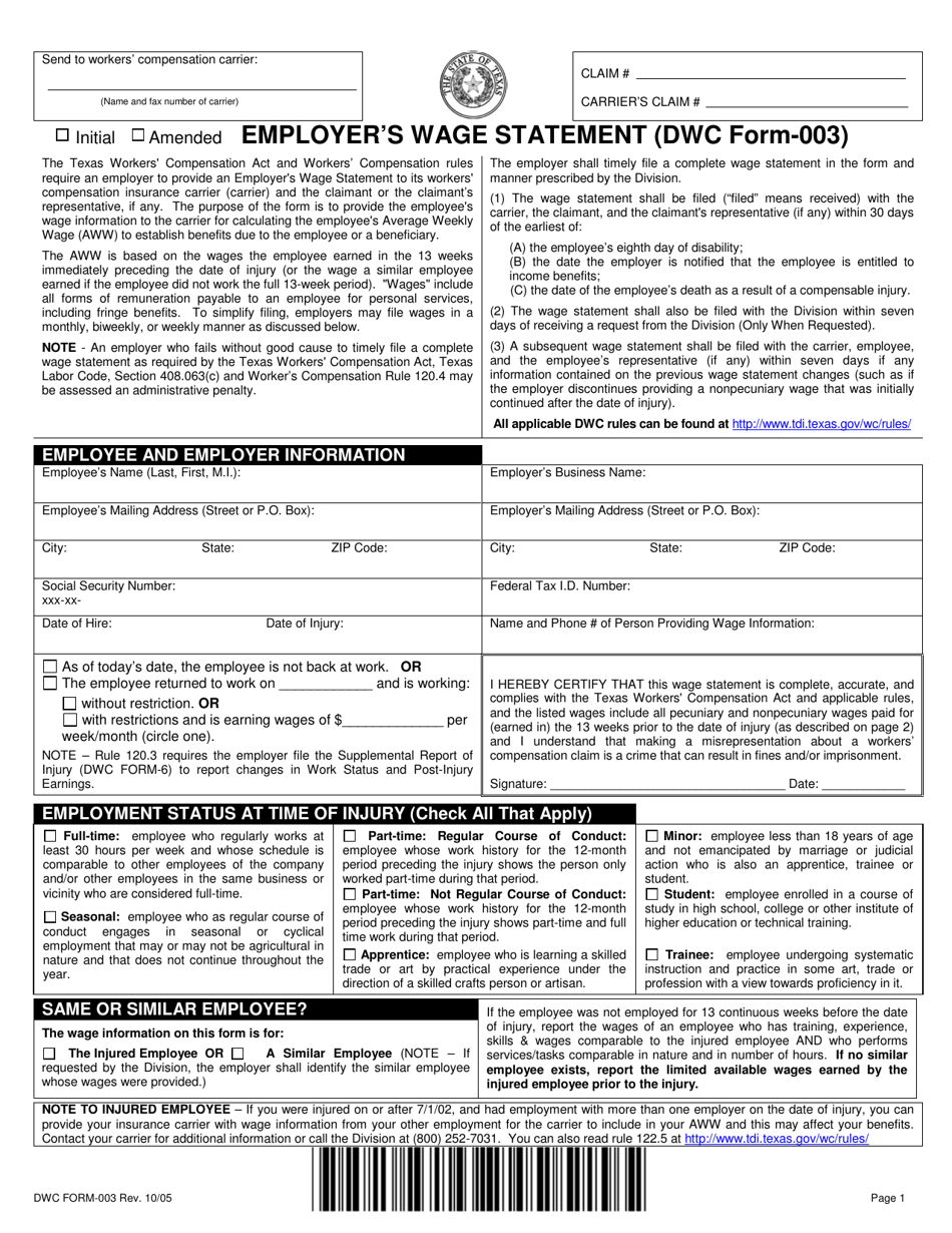 Form DWC003 Employers Wage Statement - Texas, Page 1
