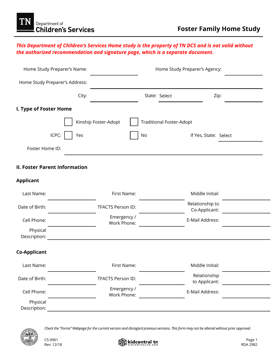 Form CS-0961 Foster Family Home Study - Tennessee, Page 1