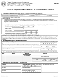 Document preview: Formulario DWC005 Aviso Del Empleador De No Cobertura O De Cancelacion De La Cobertura - Texas (Spanish)