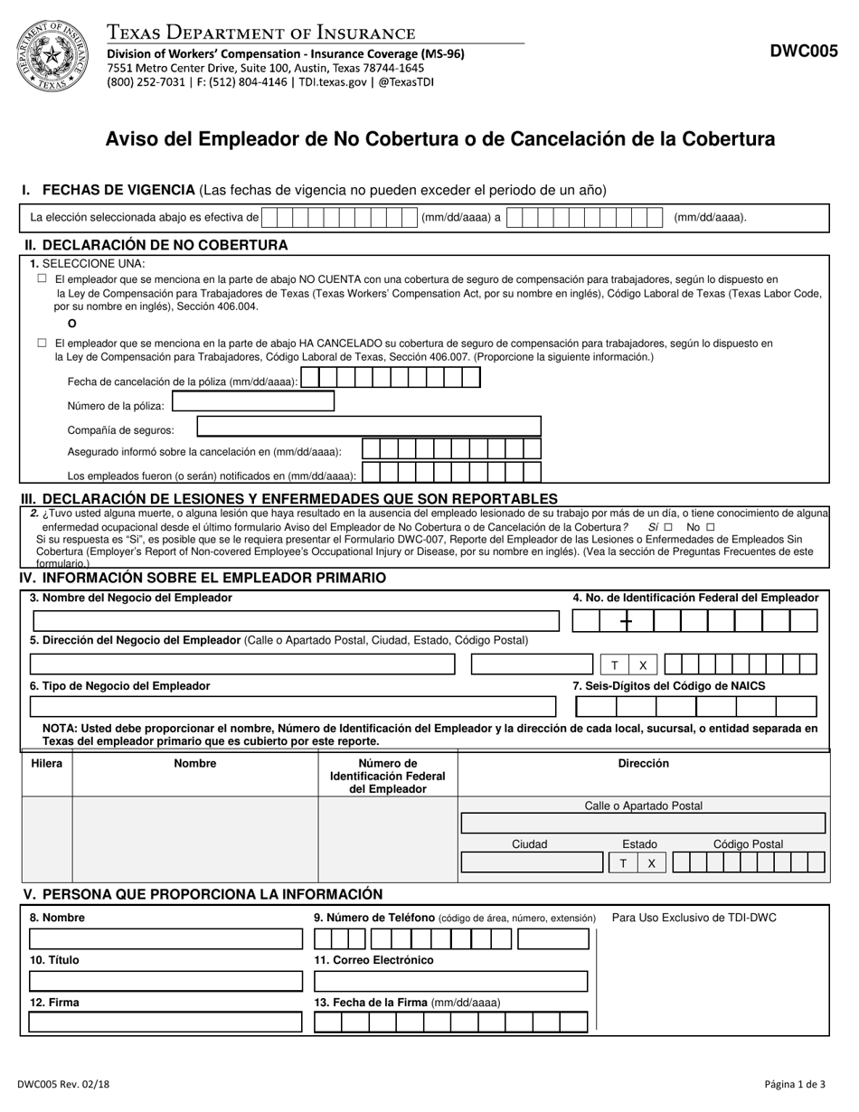 Formulario DWC005 Aviso Del Empleador De No Cobertura O De Cancelacion De La Cobertura - Texas (Spanish), Page 1