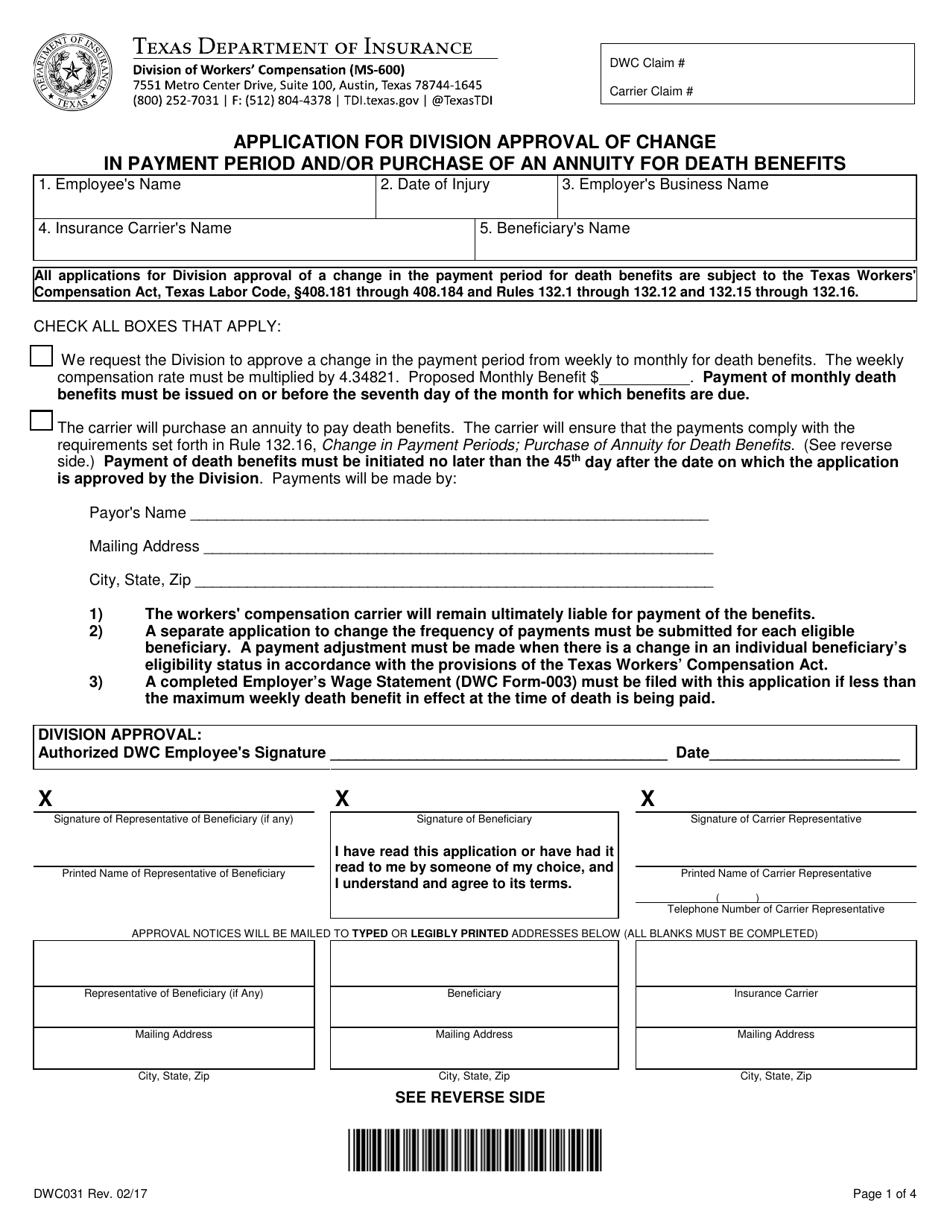 Form DWC031 Application for Division Approval of Change in the Payment Period and / or Purchase of an Annuity for Death Benefits - Texas, Page 1