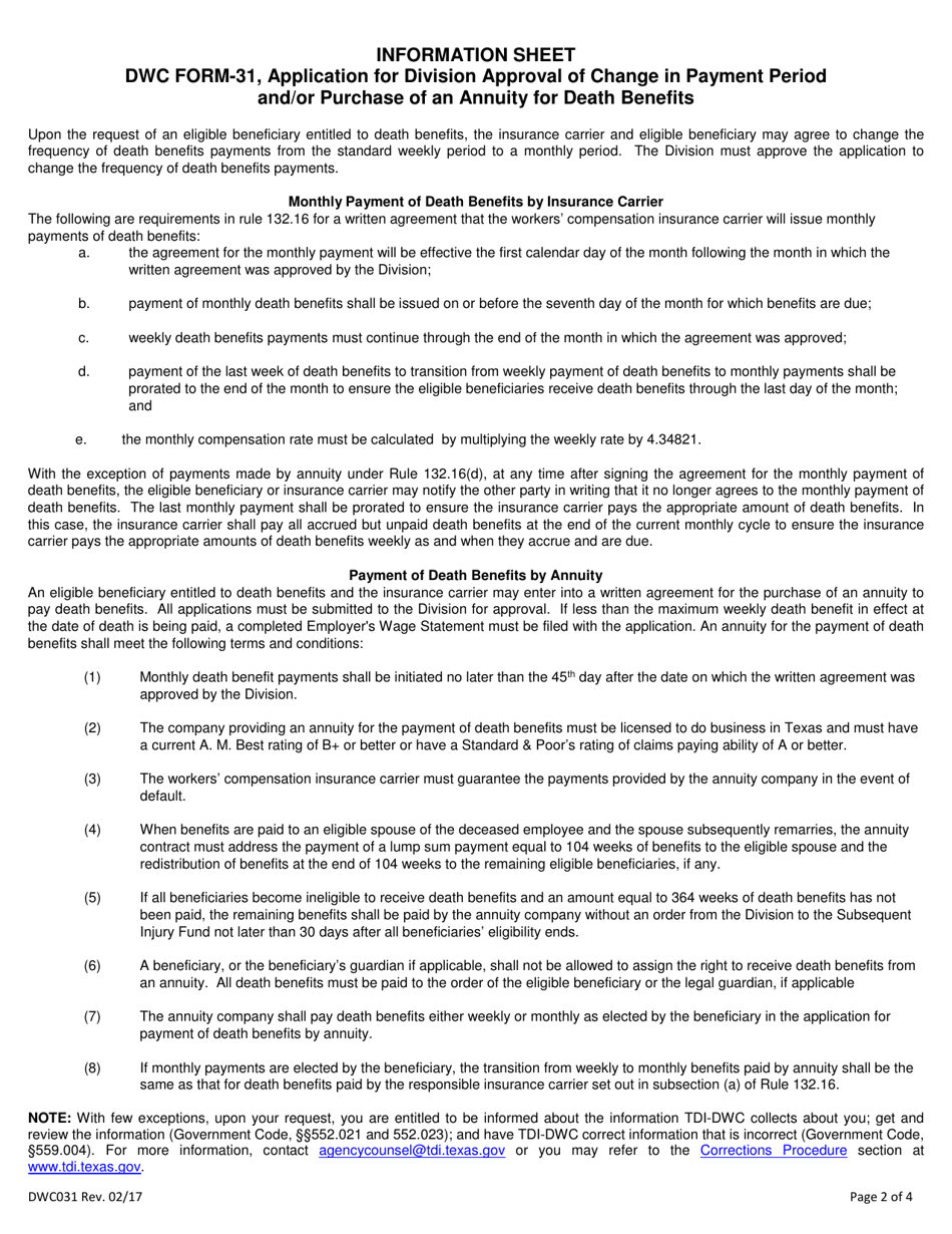 Form DWC031 Application for Division Approval of Change in the Payment Period and / or Purchase of an Annuity for Death Benefits - Texas, Page 2