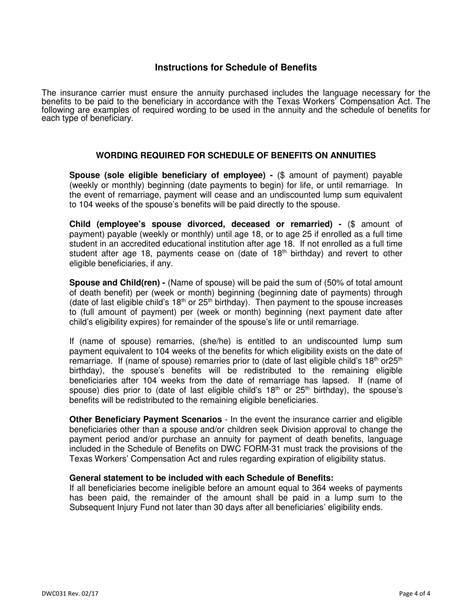 Form DWC031 Application for Division Approval of Change in the Payment Period and / or Purchase of an Annuity for Death Benefits - Texas, Page 4