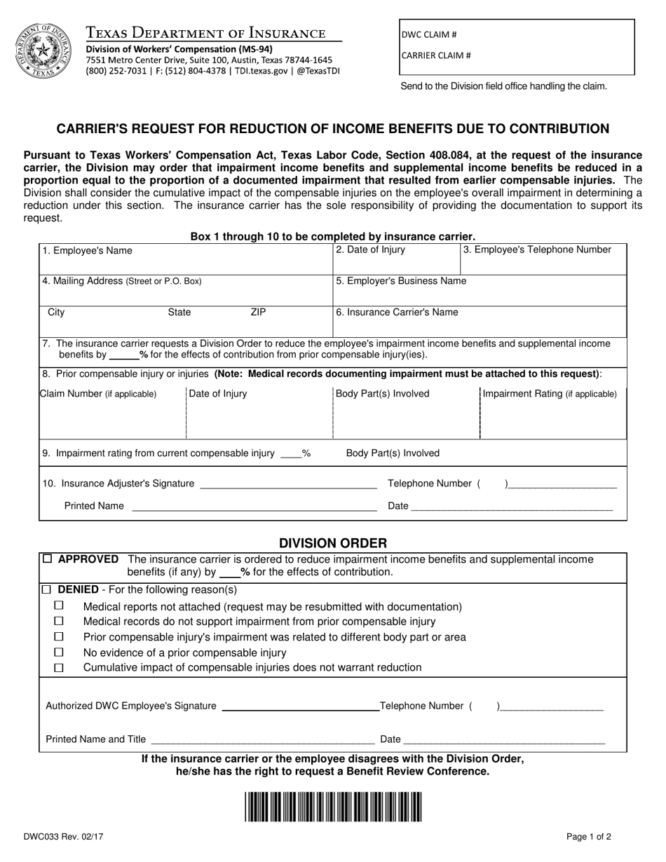 Form DWC033 Carrier's Request for Reduction of Income Benefits Due to Contribution - Texas, Page 1