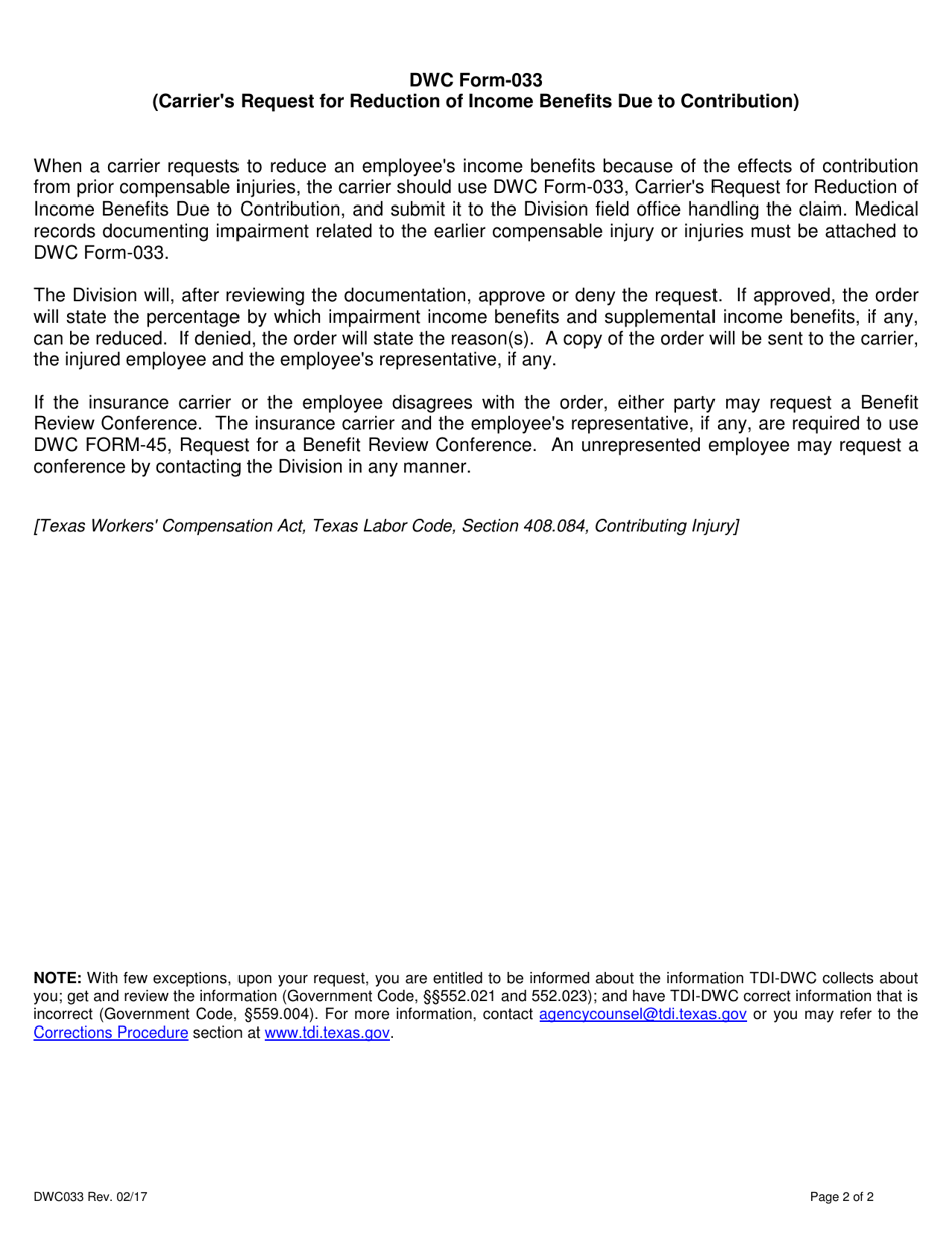 Form DWC033 Carriers Request for Reduction of Income Benefits Due to Contribution - Texas, Page 2