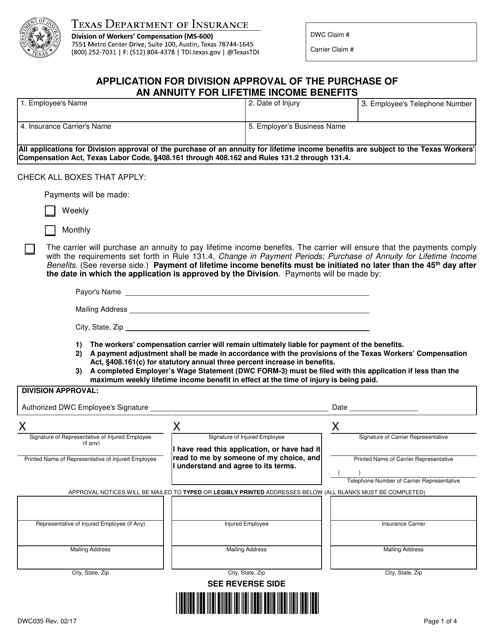 Form DWC035 Application for Division Approval of the Purchase of an Annuity for Lifetime Income Benefits - Texas