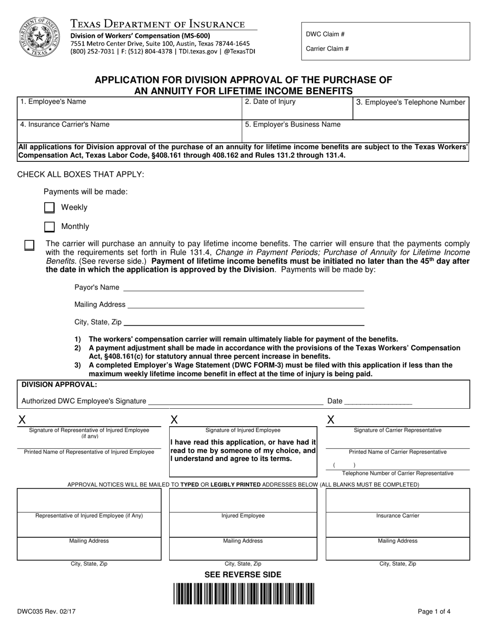 Form DWC035 Application for Division Approval of the Purchase of an Annuity for Lifetime Income Benefits - Texas, Page 1