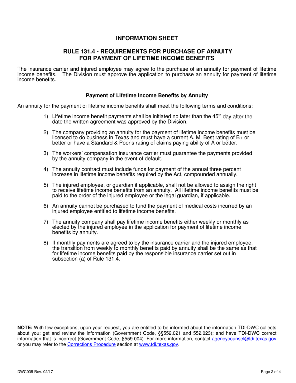 Form DWC035 Application for Division Approval of the Purchase of an Annuity for Lifetime Income Benefits - Texas, Page 2