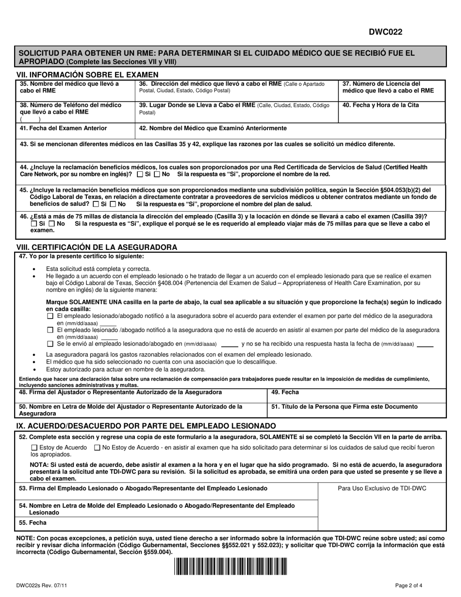 Formulario DWC022S Examen Medico Requerido (Required Medical Examination -rme, Por Su Nombre Y Siglas En Ingles) - Solicitud Para Un Acuerdo / Solicitud Para Una Orden - Texas (Spanish), Page 2