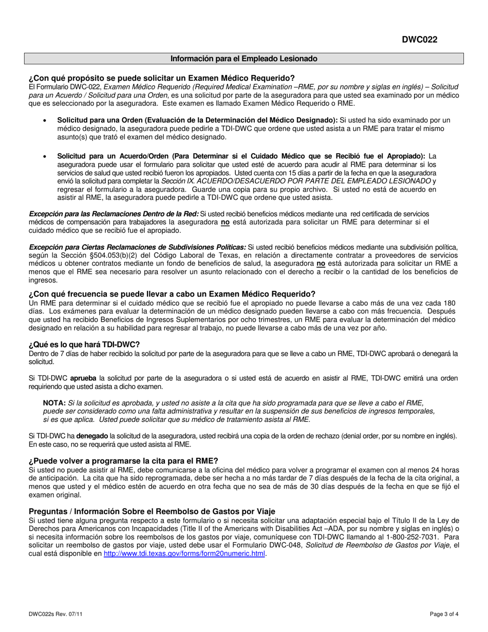 Formulario DWC022S Examen Medico Requerido (Required Medical Examination -rme, Por Su Nombre Y Siglas En Ingles) - Solicitud Para Un Acuerdo / Solicitud Para Una Orden - Texas (Spanish), Page 3