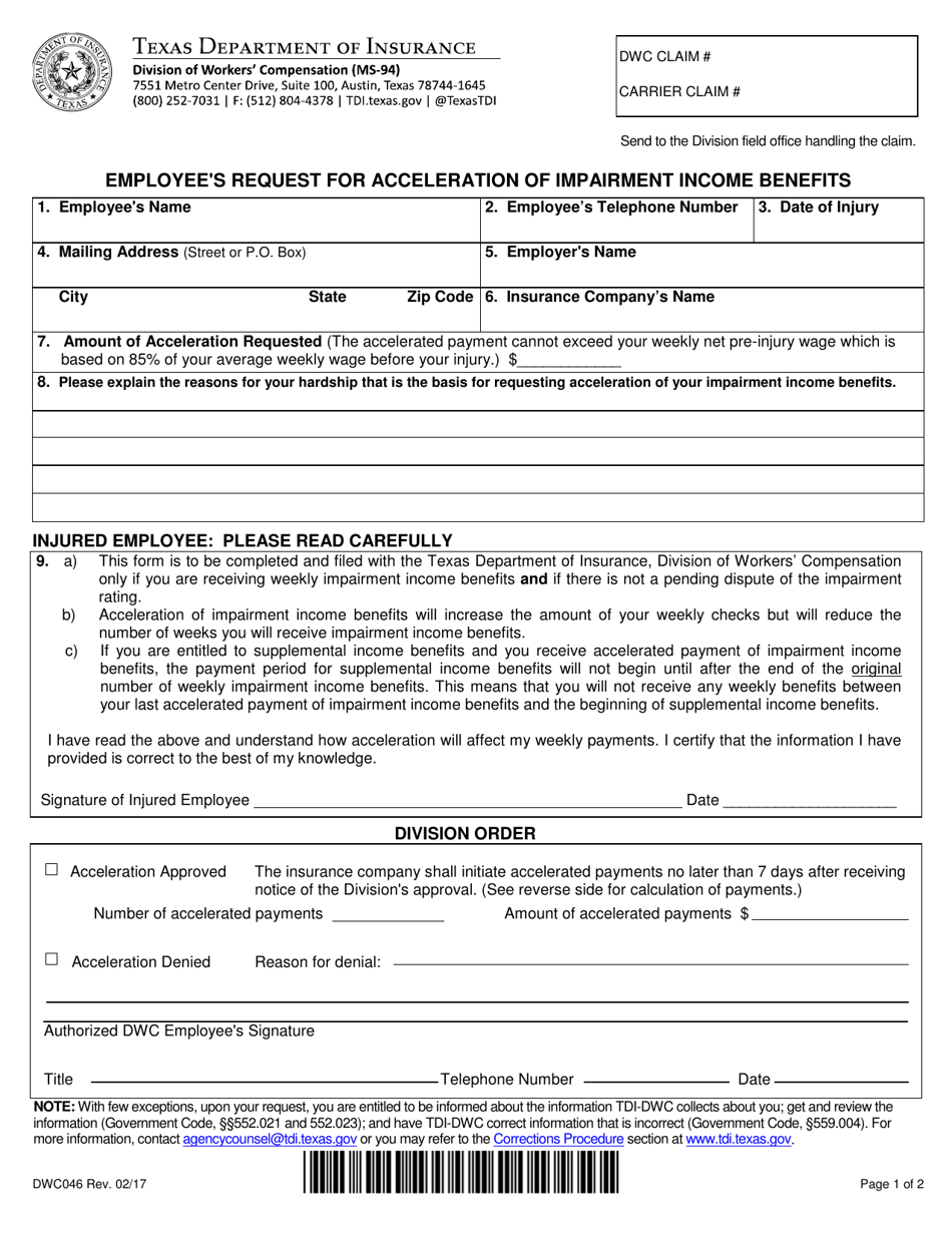 Form DWC046 Employee's Request for Acceleration of Impairment Income Benefits - Texas, Page 1