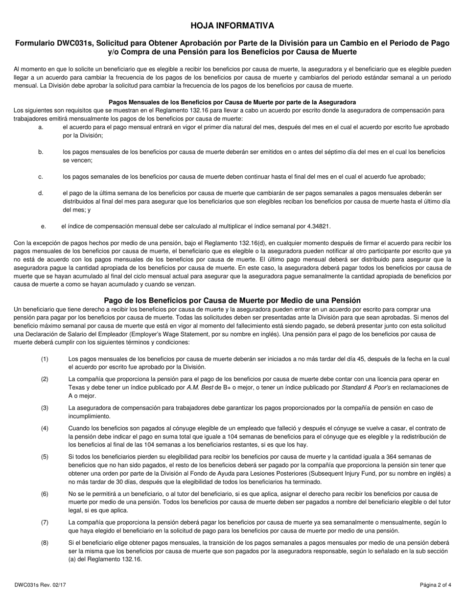 Formulario DWC031S Solicitud Para Obtener Aprobacion Por Parte De La Division Para Un Cambio En El Periodo De Pago Y / O Compra De Una Pension Para Los Beneficios Por Causa De Muerte - Texas (Spanish), Page 2