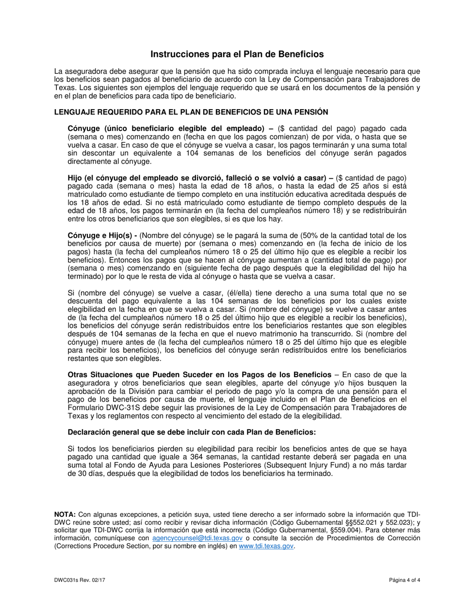 Formulario DWC031S Solicitud Para Obtener Aprobacion Por Parte De La Division Para Un Cambio En El Periodo De Pago Y / O Compra De Una Pension Para Los Beneficios Por Causa De Muerte - Texas (Spanish), Page 4