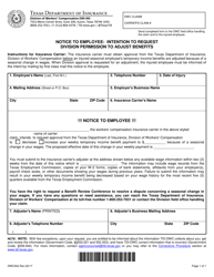 Document preview: Form DWC054 Notice to Employee: Intention to Request Division Permission to Adjust Benefits - Texas