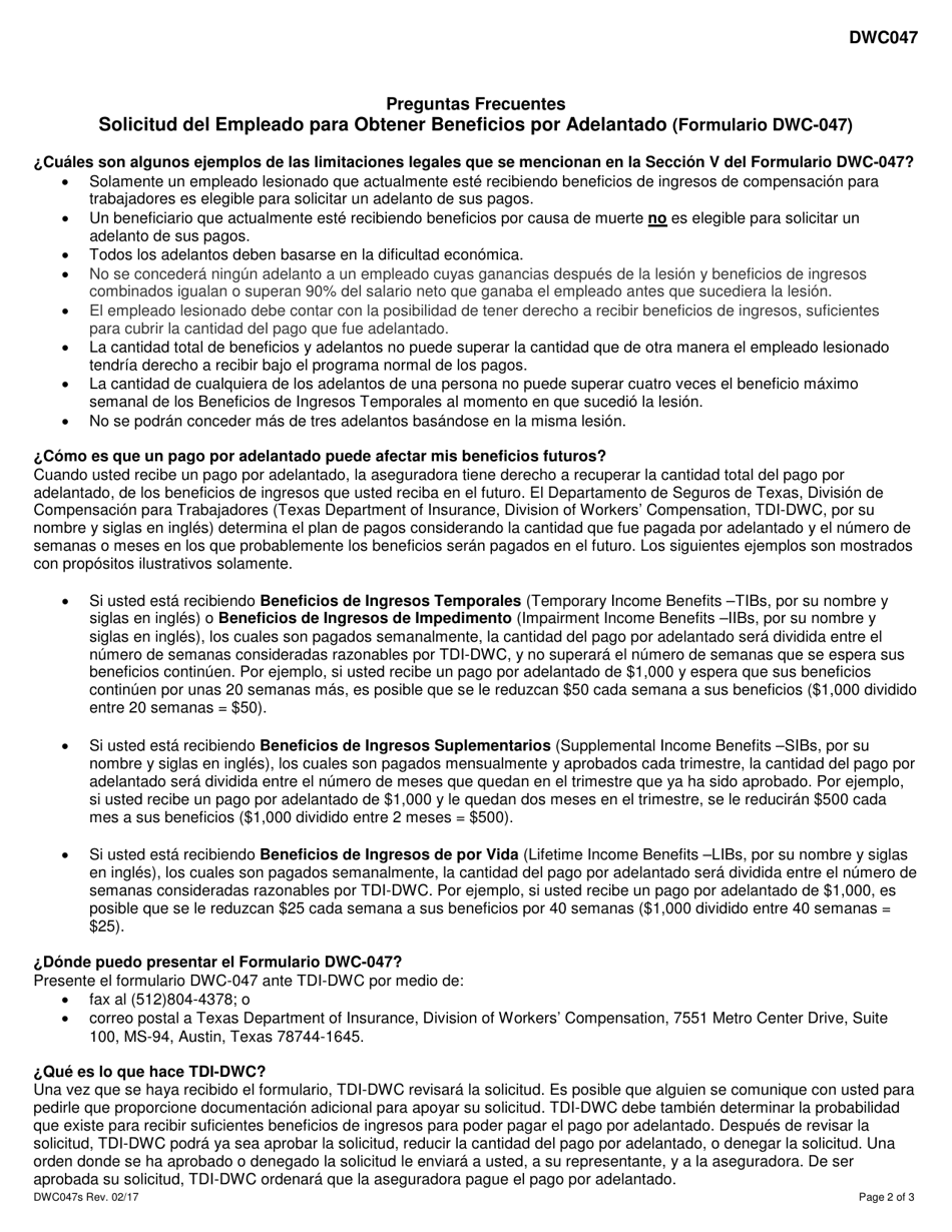 Formulario DWC047 Solicitud Del Empleado Para Obtener Beneficios Por Adelantado - Texas (Spanish), Page 2
