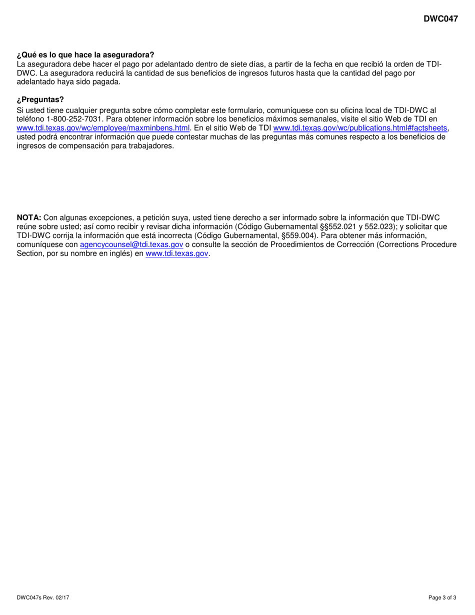 Formulario DWC047 Solicitud Del Empleado Para Obtener Beneficios Por Adelantado - Texas (Spanish), Page 3