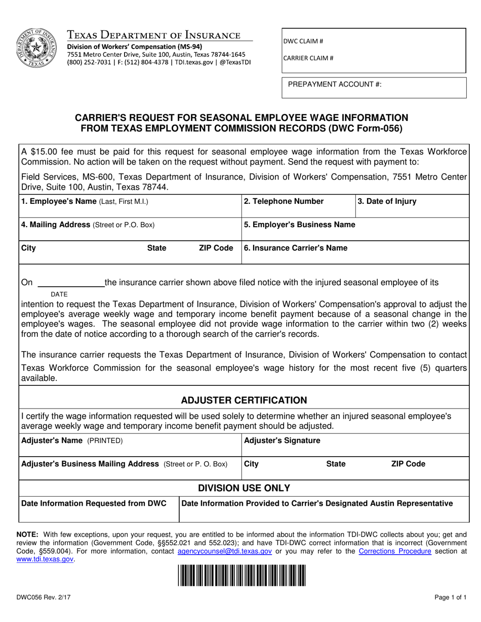 Form DWC056 Carrier's Request for Seasonal Employee Wage Information From Texas Workforce Commission Records - Texas, Page 1