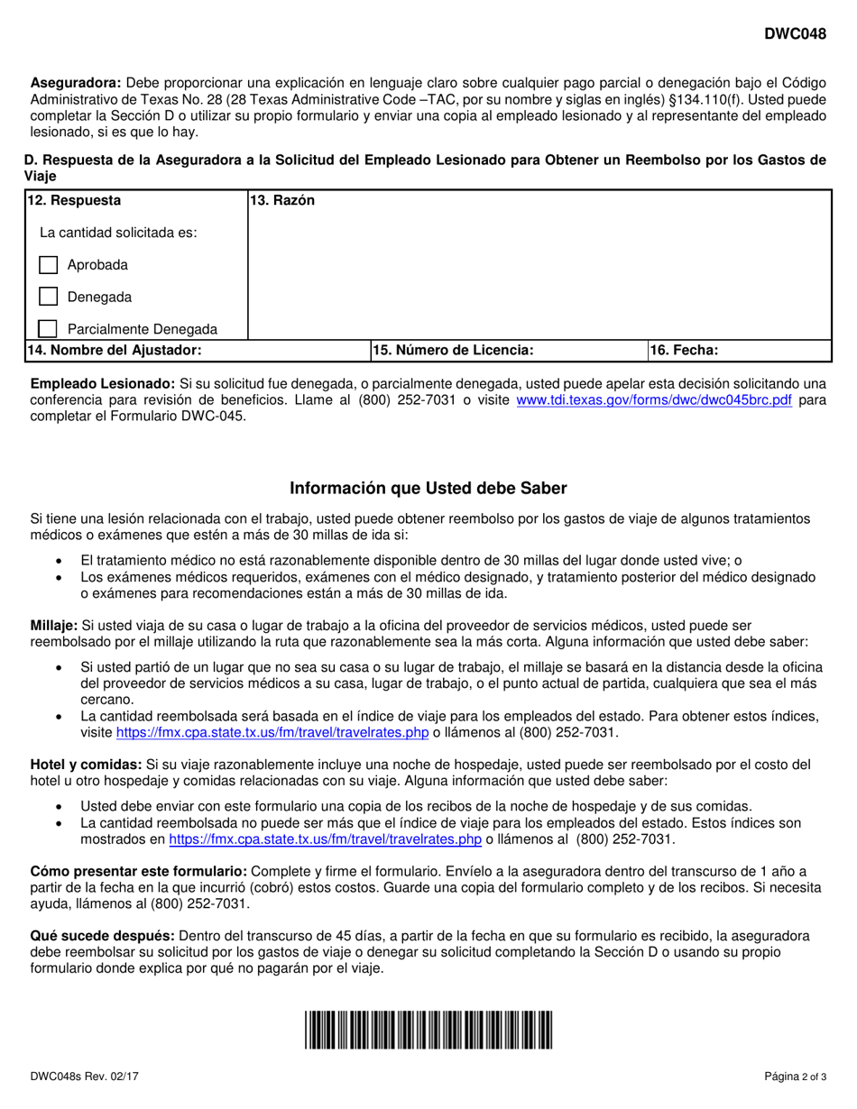 Formulario DWC048S Solicitud Para Obtener Un Reembolso Por Gastos De Viaje - Texas (Spanish), Page 2