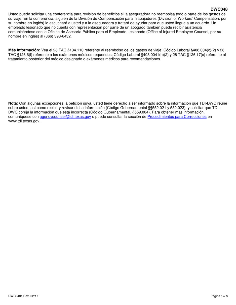 Formulario DWC048S Solicitud Para Obtener Un Reembolso Por Gastos De Viaje - Texas (Spanish), Page 3