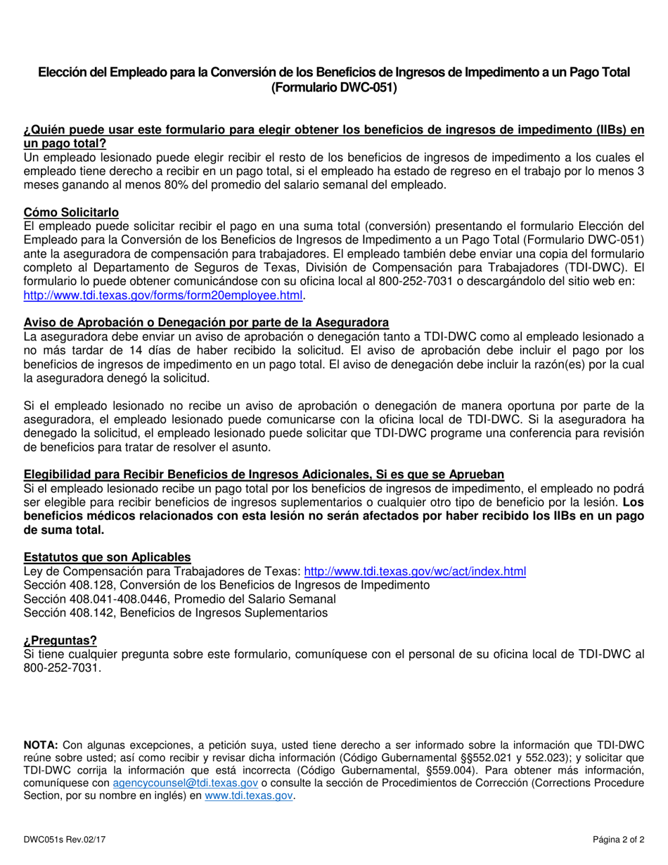 Formulario DWC051S Eleccion Del Empleado Para La Conversion De Los Beneficios De Ingresos De Impedimento a Un Pago Total - Texas (Spanish), Page 2
