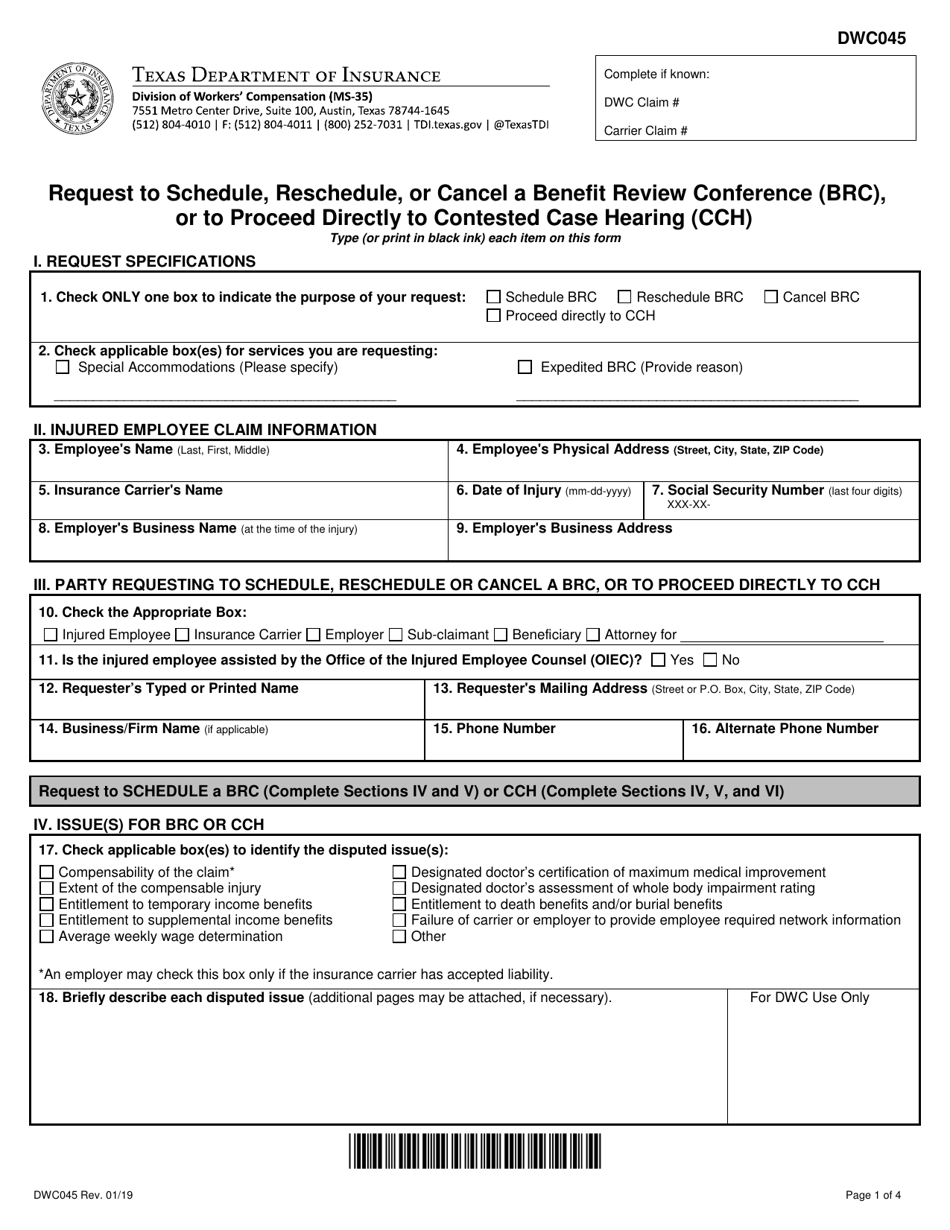 Form DWC045 Request to Schedule, Reschedule or Cancel a Benefit Review Conference (Brc), or to Proceed Directly to Contested Case Hearing (Cch) - Texas, Page 1