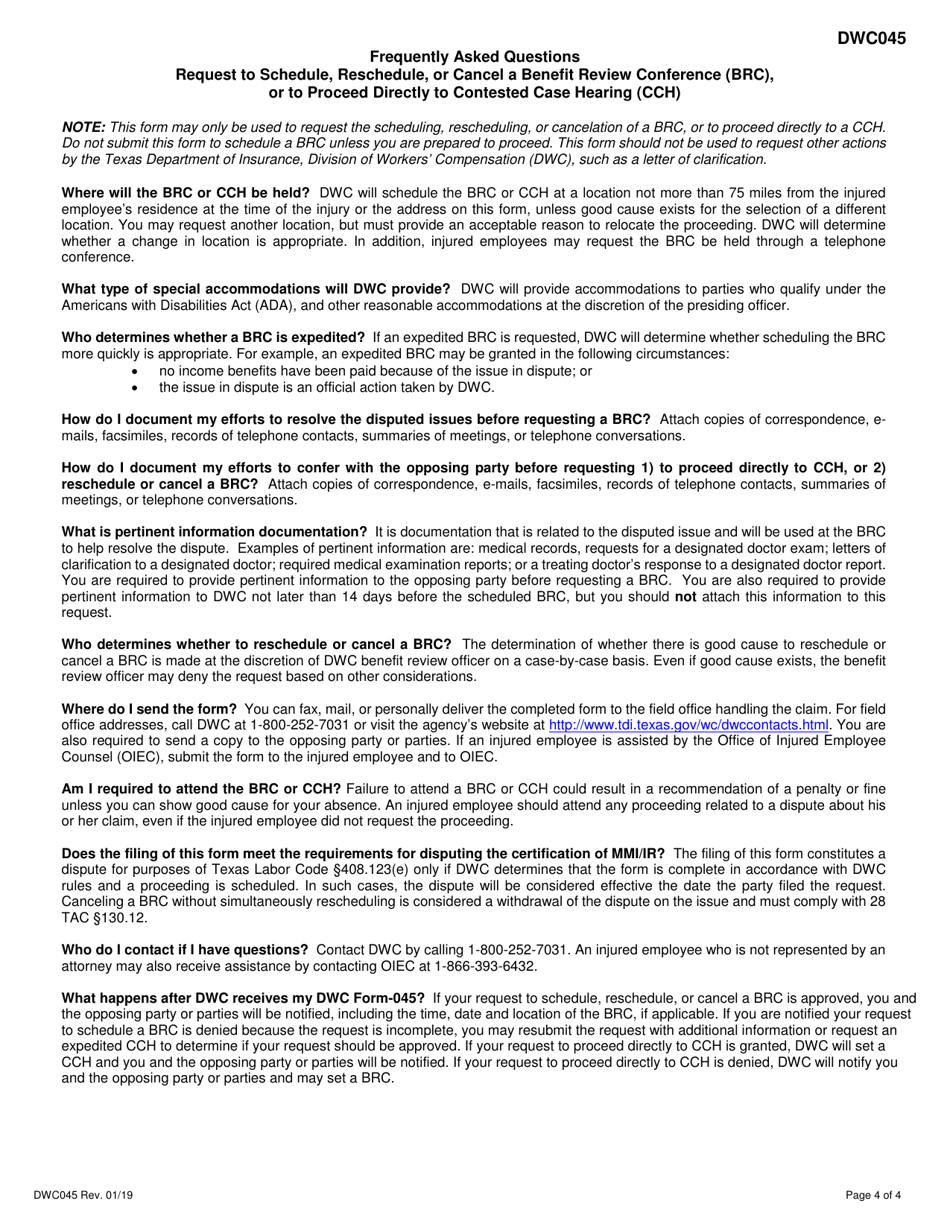 Form DWC045 Request to Schedule, Reschedule or Cancel a Benefit Review Conference (Brc), or to Proceed Directly to Contested Case Hearing (Cch) - Texas, Page 4