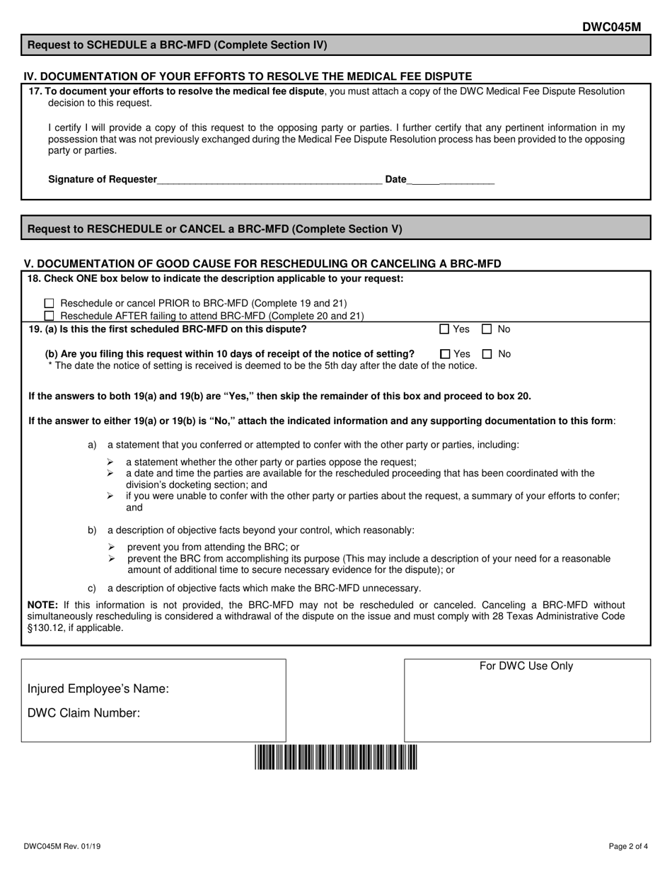 Form DWC045M Request to Schedule, Reschedule, or Cancel a Benefit Review Conference to Appeal a Medical Fee Dispute Decision (Brc-Mfd) - Texas, Page 2