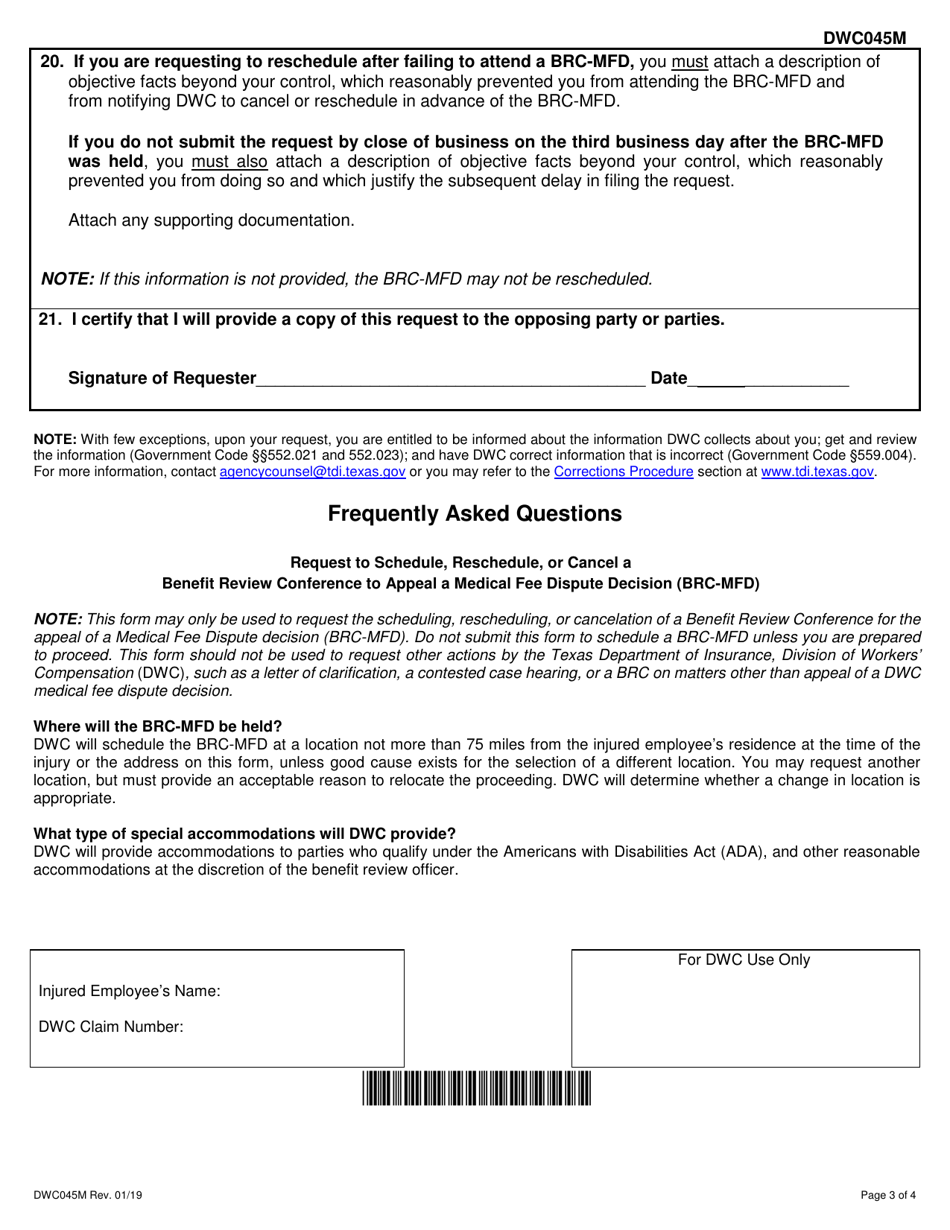 Form DWC045M Request to Schedule, Reschedule, or Cancel a Benefit Review Conference to Appeal a Medical Fee Dispute Decision (Brc-Mfd) - Texas, Page 3