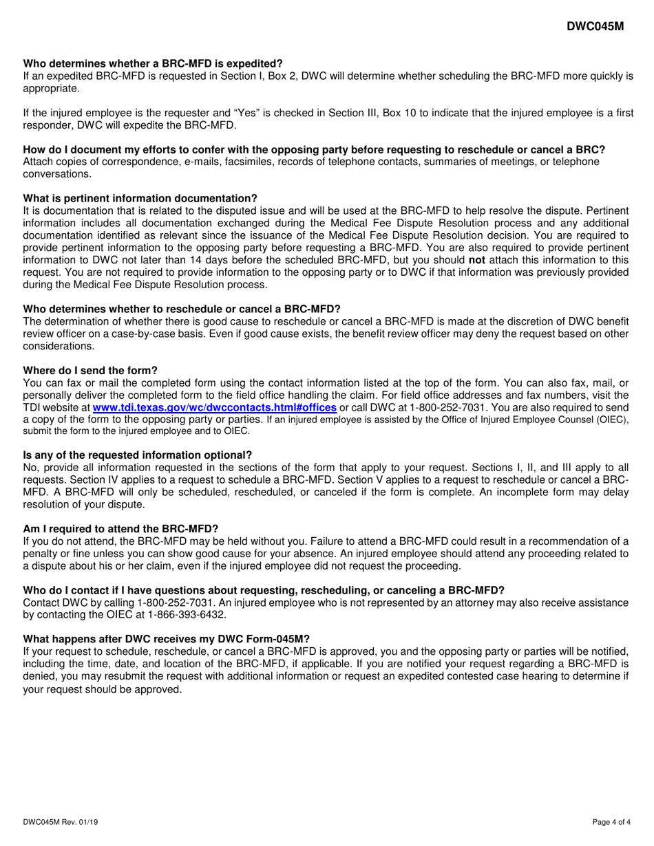 Form DWC045M Request to Schedule, Reschedule, or Cancel a Benefit Review Conference to Appeal a Medical Fee Dispute Decision (Brc-Mfd) - Texas, Page 4