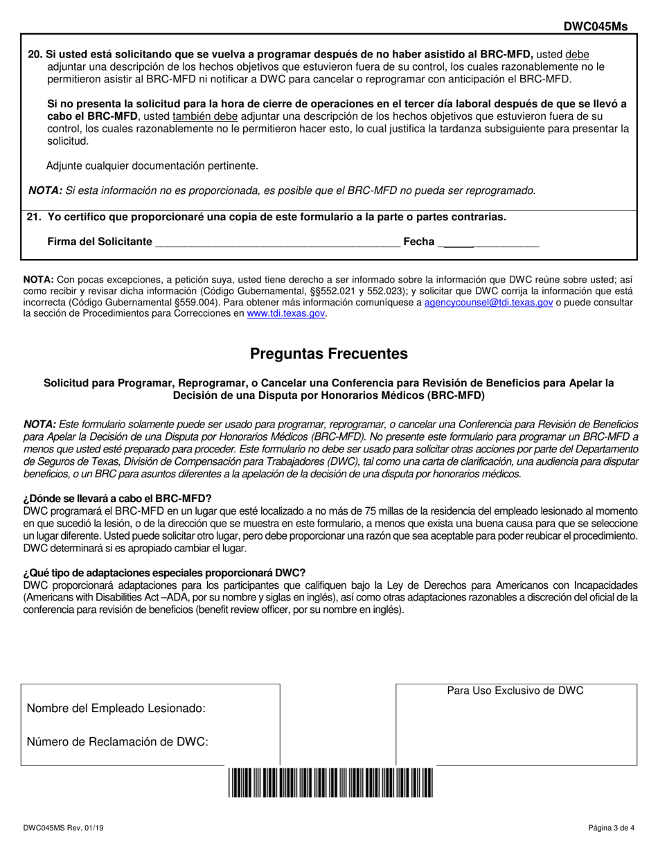 Formulario DWC045MS Solicitud Para Programar, Reprogramar, O Cancelar Una Conferencia Para Revision De Beneficios Para Apelar La Decision De Una Disputa Por Honorarios Medicos - Texas (Spanish), Page 3