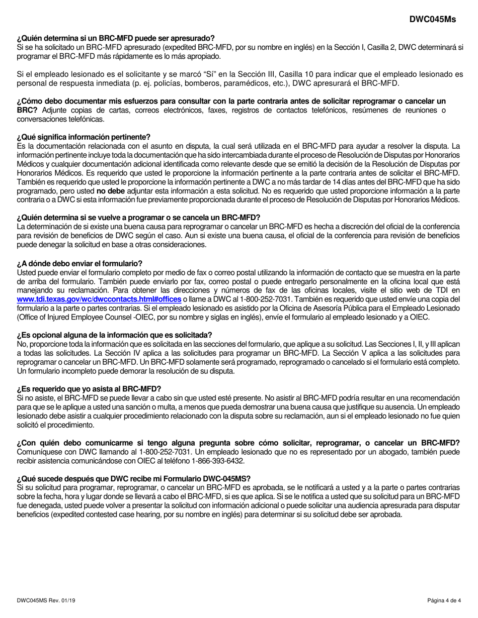 Formulario DWC045MS Solicitud Para Programar, Reprogramar, O Cancelar Una Conferencia Para Revision De Beneficios Para Apelar La Decision De Una Disputa Por Honorarios Medicos - Texas (Spanish), Page 4
