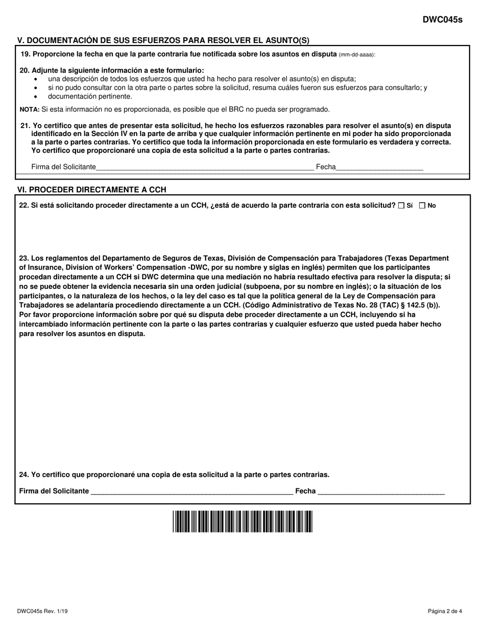 Formulario DWC045S Solicitud Para Programar, Reprogramar, O Cancelar Una Conferencia Para Revision De Beneficios (Benefit Review Conference-Brc), O Para Proceder Directamente a Una Audiencia Para Disputar Beneficios (Contested Case Hearing-Cch) - Texas (Spanish), Page 2