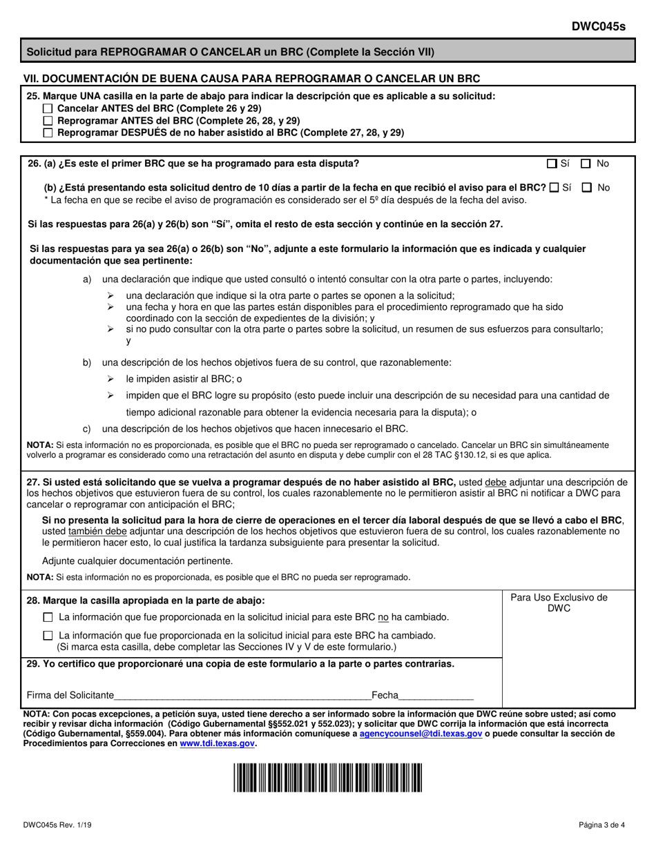 Formulario DWC045S Solicitud Para Programar, Reprogramar, O Cancelar Una Conferencia Para Revision De Beneficios (Benefit Review Conference-Brc), O Para Proceder Directamente a Una Audiencia Para Disputar Beneficios (Contested Case Hearing-Cch) - Texas (Spanish), Page 3