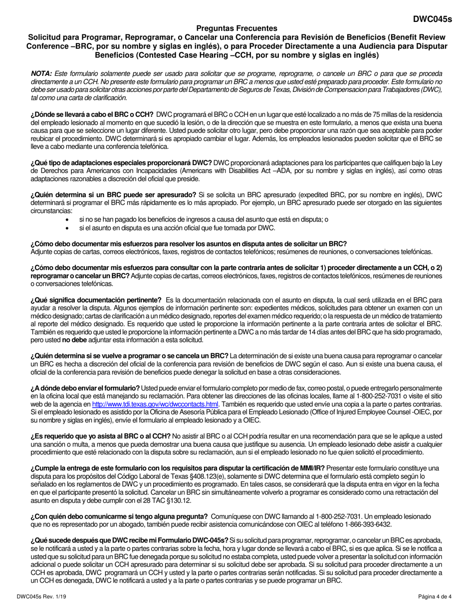 Formulario DWC045S Solicitud Para Programar, Reprogramar, O Cancelar Una Conferencia Para Revision De Beneficios (Benefit Review Conference-Brc), O Para Proceder Directamente a Una Audiencia Para Disputar Beneficios (Contested Case Hearing-Cch) - Texas (Spanish), Page 4