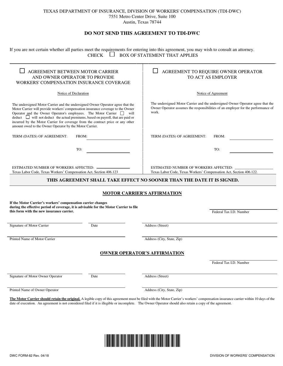 Form DWC82 Agreement for Motor Carriers and Owner Operators - Texas, Page 1