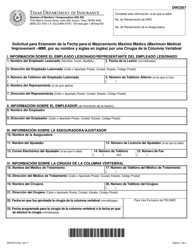 Document preview: Formulario DWC057S Solicitud Para Extension De La Fecha Para El Mejoramiento Maximo Medico Por Una Cirugia De La Columna Verebral - Texas (Spanish)