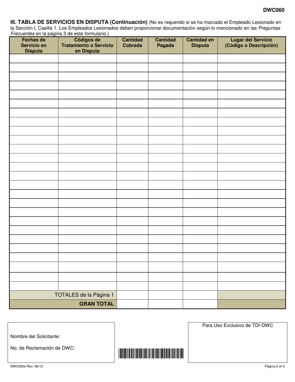 Formulario DWC060S Solicitud Para Resolucion De Disputas Por Honorarios Medicos - Texas (Spanish), Page 2