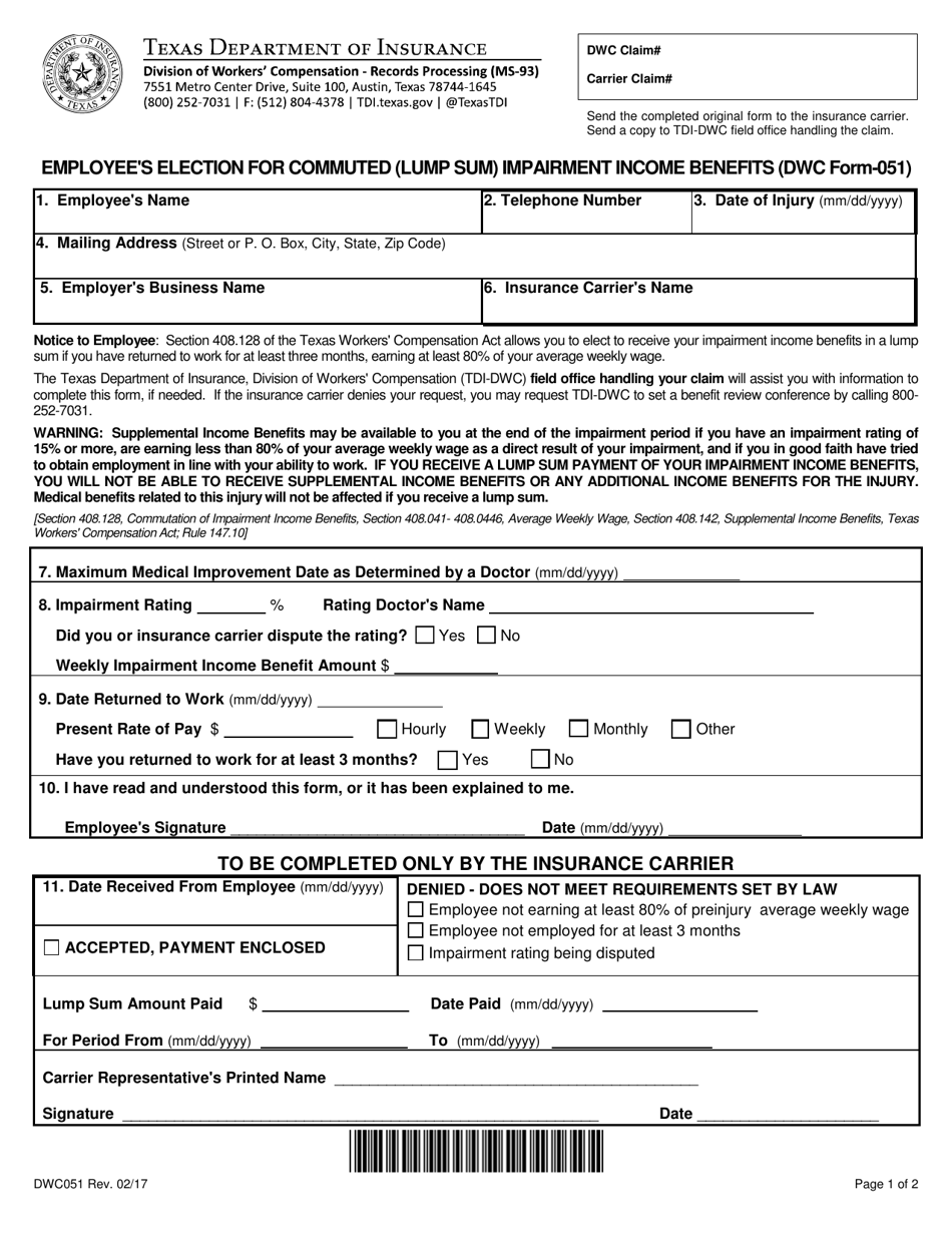 Form DWC051 Employees Election for Commuted (Lump Sum) Impairment Income Benefits - Texas, Page 1