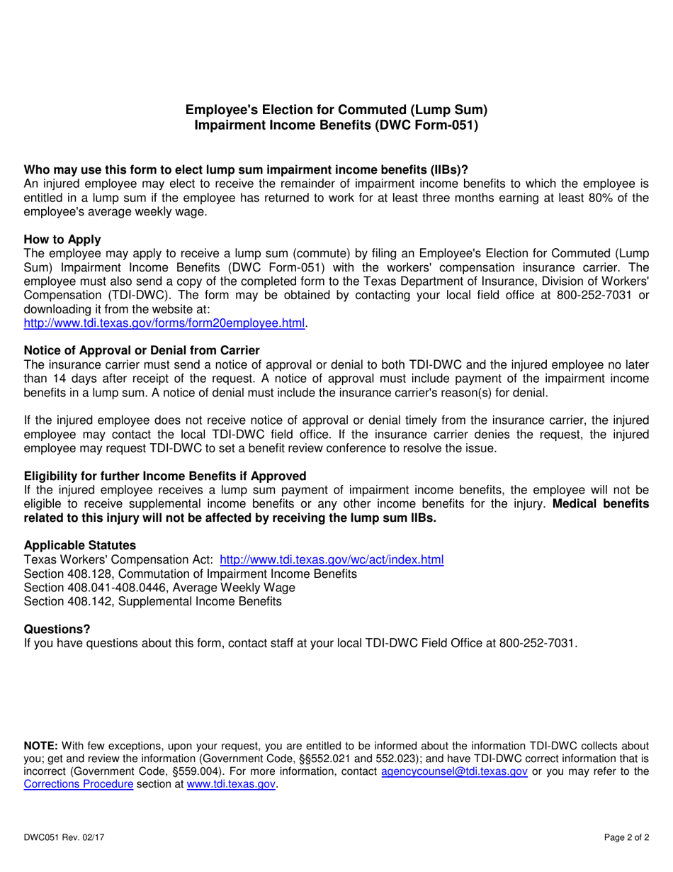 Form DWC051 Employees Election for Commuted (Lump Sum) Impairment Income Benefits - Texas, Page 2