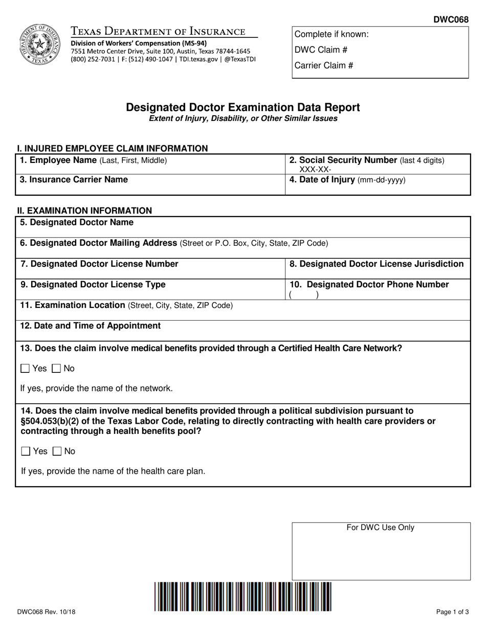 Form DWC068 Designated Doctor Examination Data Report - Texas, Page 1