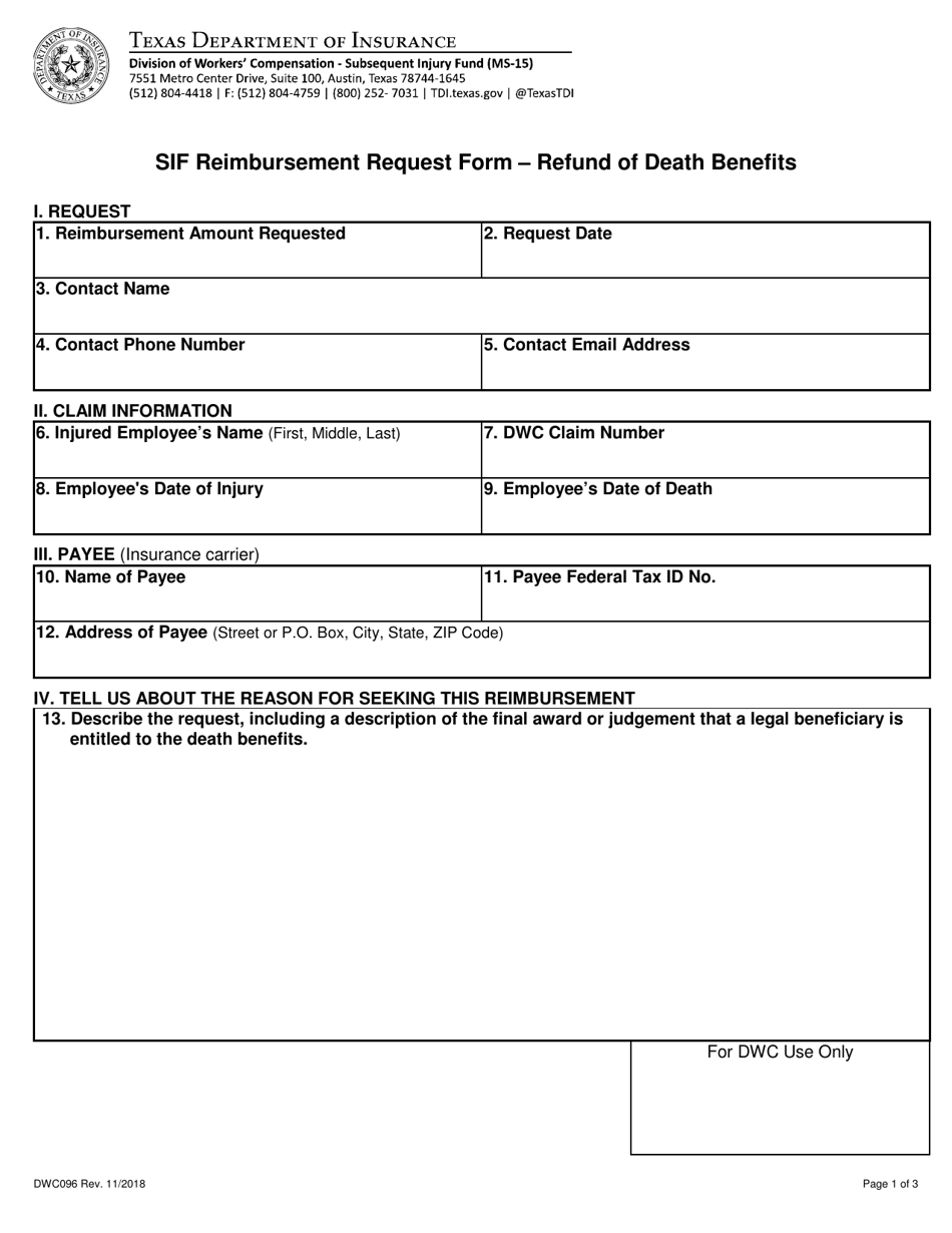 Form DWC096 Sif Reimbursement Request Form  Refund of Death Benefits - Texas, Page 1