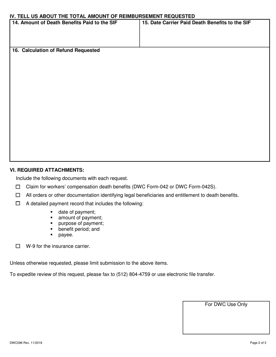 Form DWC096 Sif Reimbursement Request Form  Refund of Death Benefits - Texas, Page 2