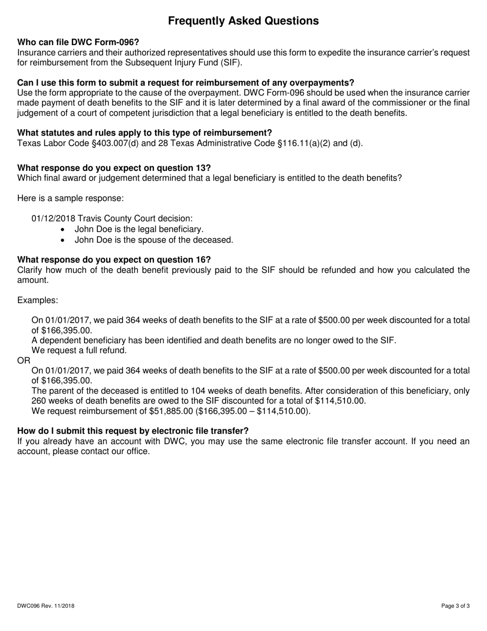 Form DWC096 Sif Reimbursement Request Form  Refund of Death Benefits - Texas, Page 3