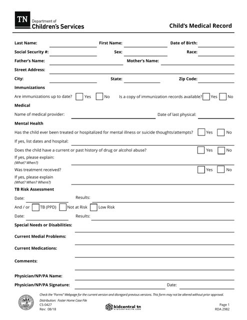 Form CS-0427 Child's Medical Record - Tennessee